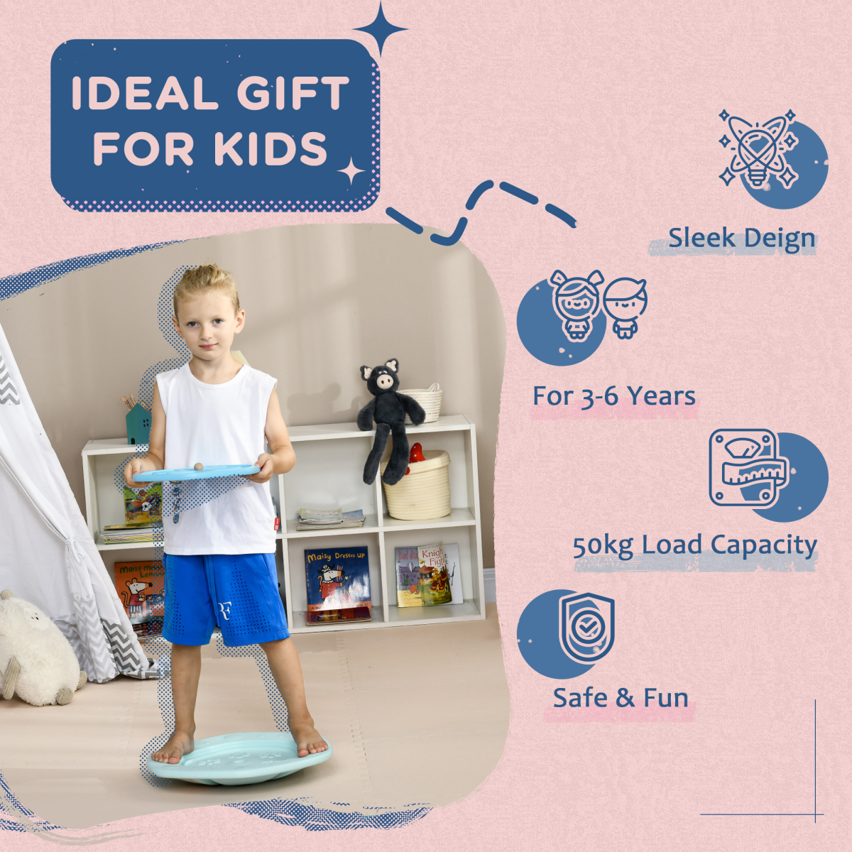 ZONEKIZ 2-in-1 Kids Balance Board with Ball Game – Wobble Board for Balance and Coordination, Blue