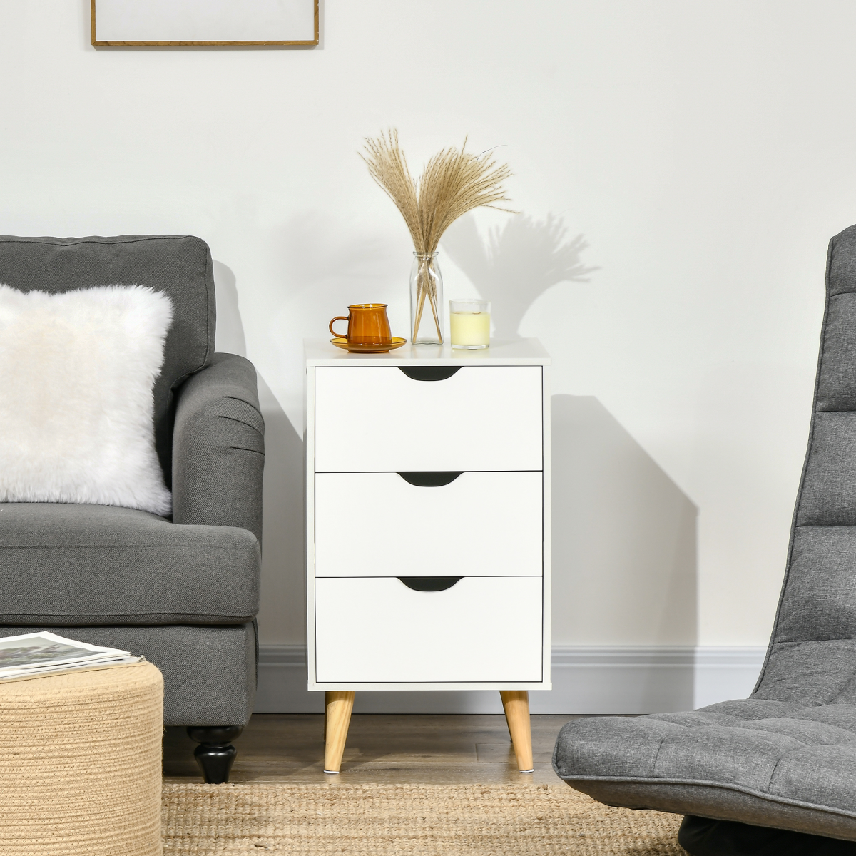 HOMCOM 3-Drawer Chest of Drawers with Wooden Legs & Groove Handles – Bedroom, Living Room & Hallway Storage