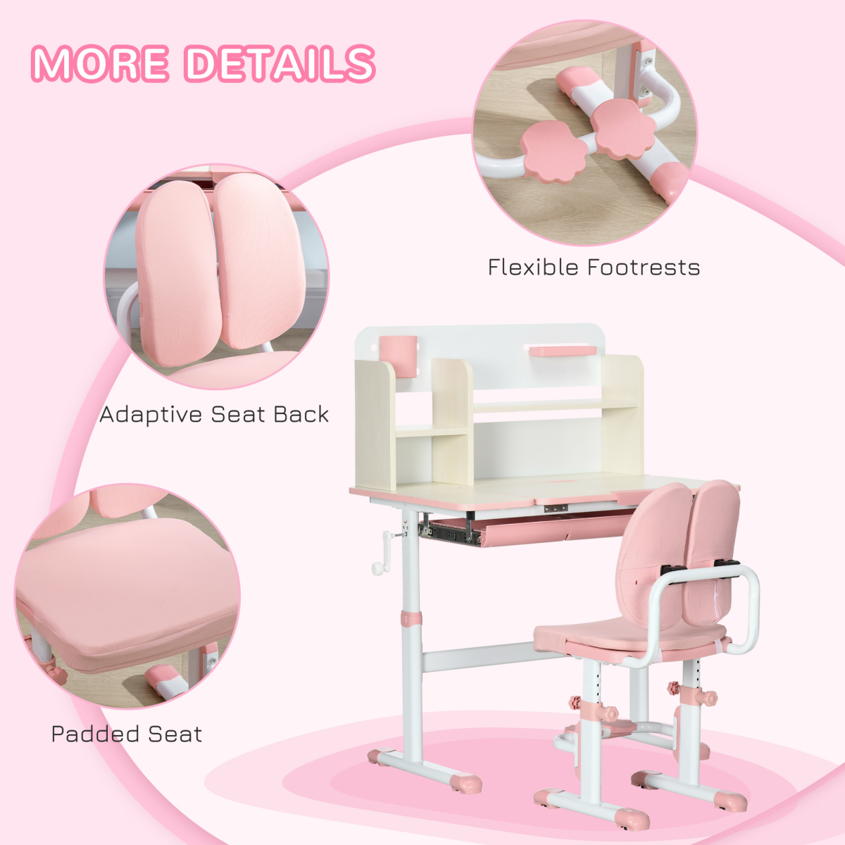 HOMCOM Kids Desk and Chair Set with Adjustable Height, Storage Drawer & Washable Seat Cover – Study Set, Pink