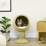 PawHut Raised Cat House with Natural Mat Grass Basket, Cushion and Stand – Detachable Cat Bed, 41 x 69 cm