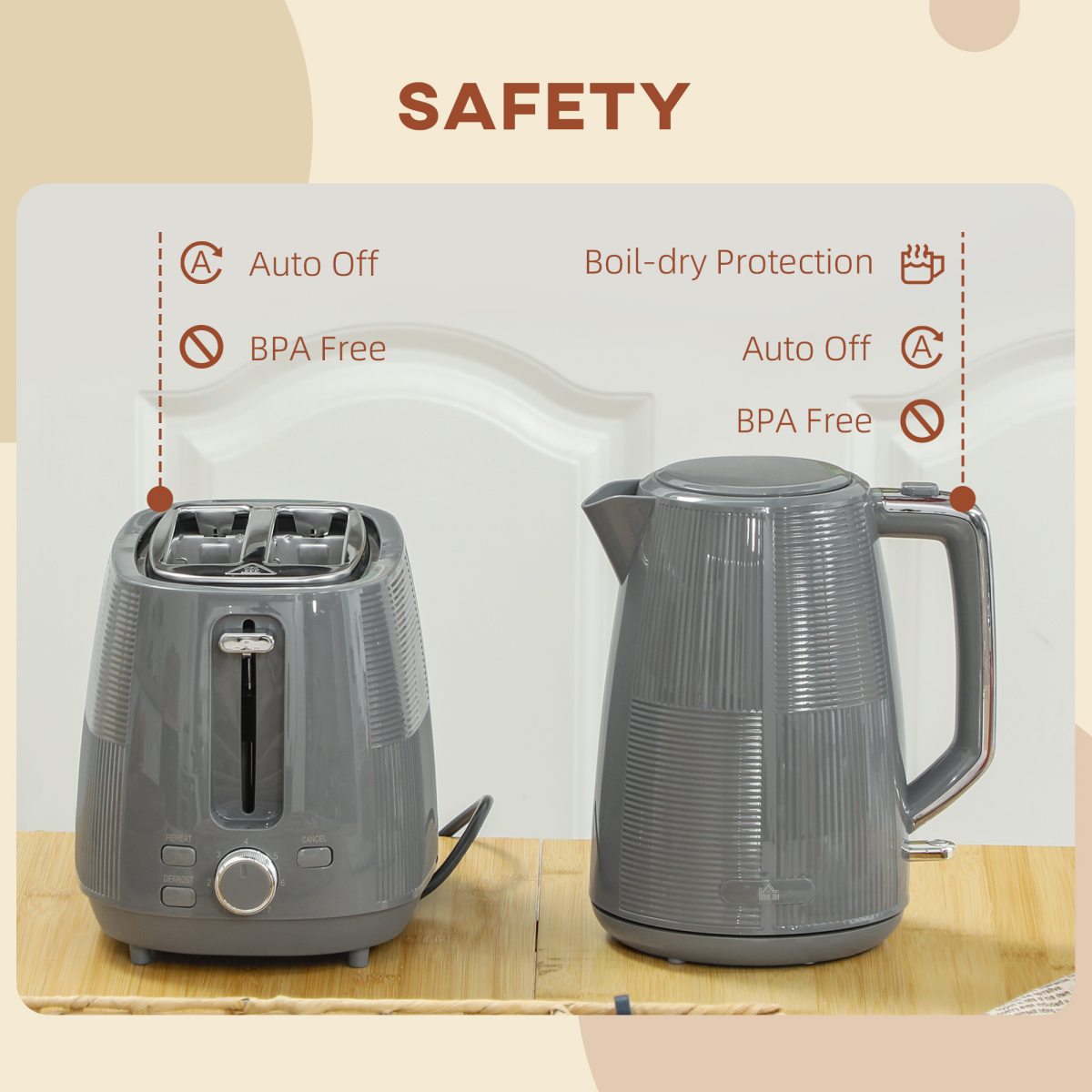 HOMCOM 1.7L Fast Boil Kettle & 2-Slice Toaster Set with Reheat, Defrost & Cancel – Breakfast Duo, Grey