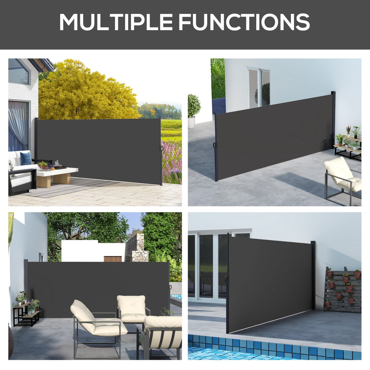 Outsunny Retractable Side Awning Privacy Screen with UV30+ Canopy – 400 x 160cm Patio Wind & Sun Shade, Black