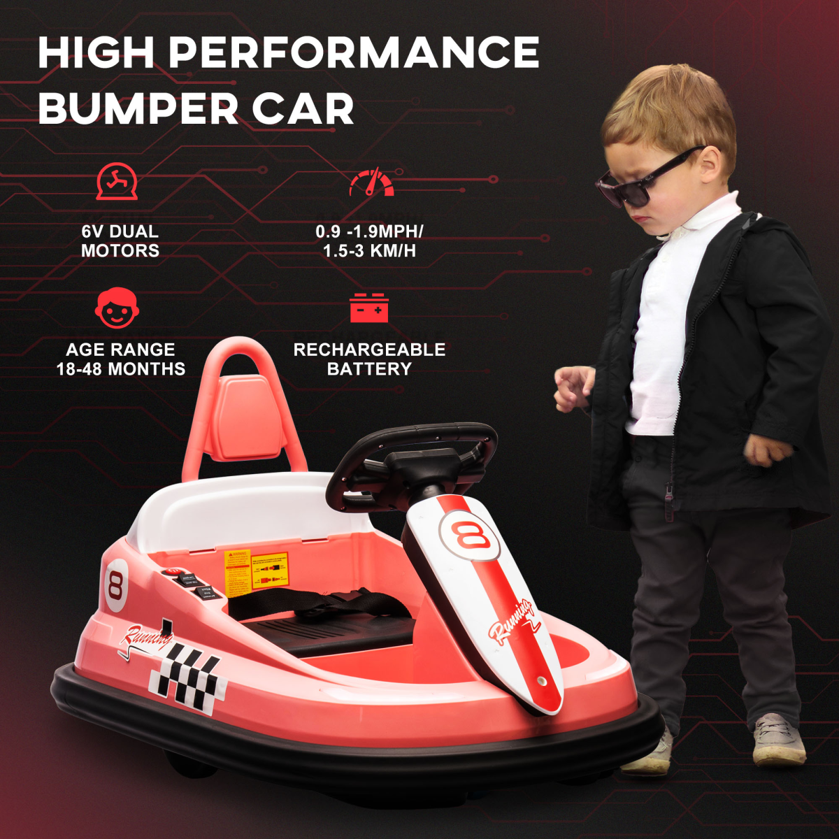 HOMCOM 6V Kids Bumper Car with 360° Rotation, 2 Speeds, Music and Lights – Ride-On Waltzer Car, Pink