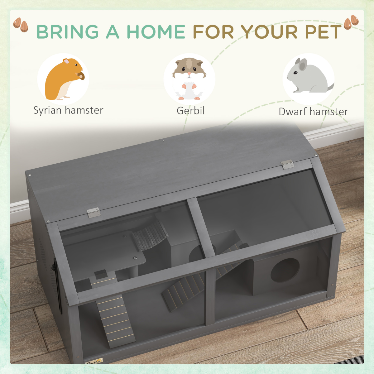 PawHut Wooden Hamster Cage with Suspension Bridge, Ladders, Hut and Openable Top – Small Pet Habitat, Grey