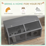 PawHut Wooden Hamster Cage with Suspension Bridge, Ladders, Hut and Openable Top – Small Pet Habitat, Grey