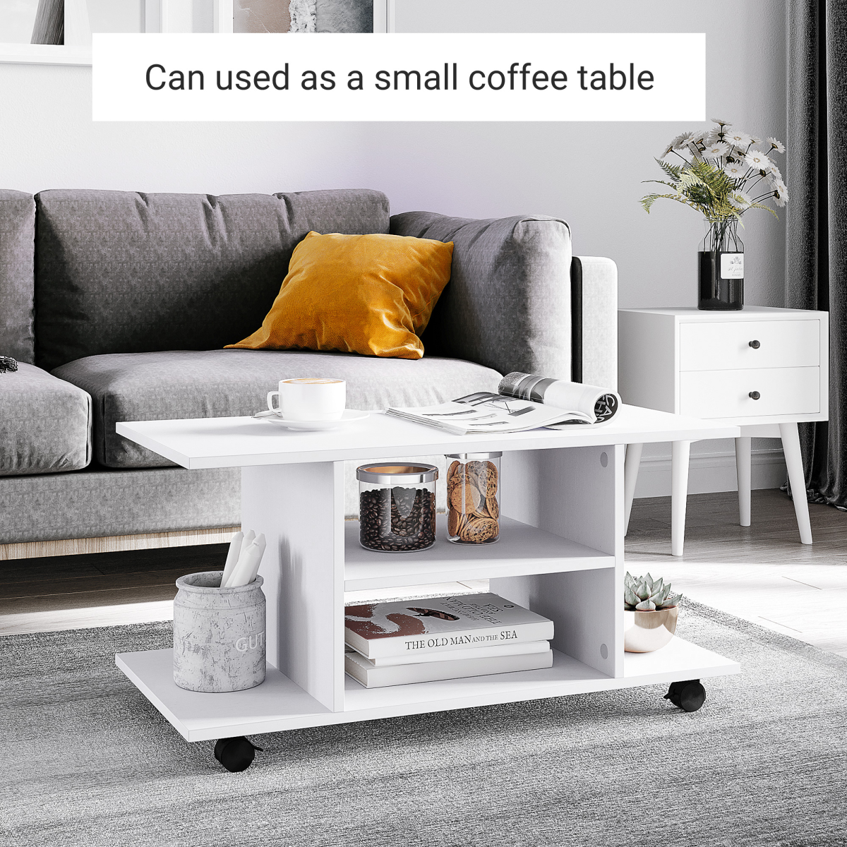 HOMCOM Mobile TV Stand Bookshelf with 3 Tiers and Lockable Castor Wheels – Modern Storage Cabinet, White