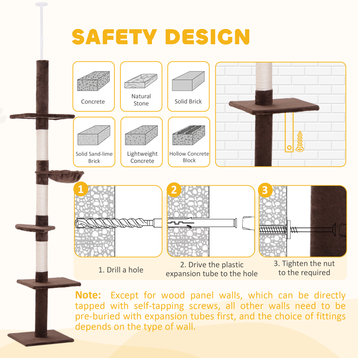 PawHut Floor to Ceiling Cat Tree with 5 Tiers & Scratching Post – Adjustable 230-260cm Kitty Tower, Brown