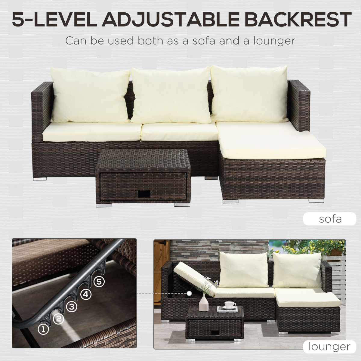 Outsunny Rattan Garden Corner Sofa Set with Storage Coffee Table & Reclining Seat – 4-Seater Wicker Patio Lounger