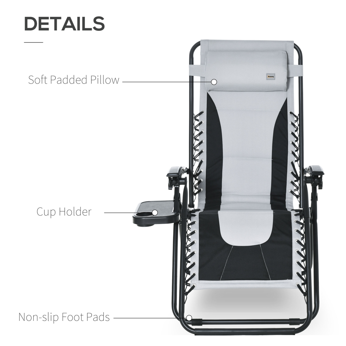 Outsunny Zero Gravity Folding Recliner with Cup Holder Tray & Padded Pillow – Adjustable Lounge Chair, Light Grey