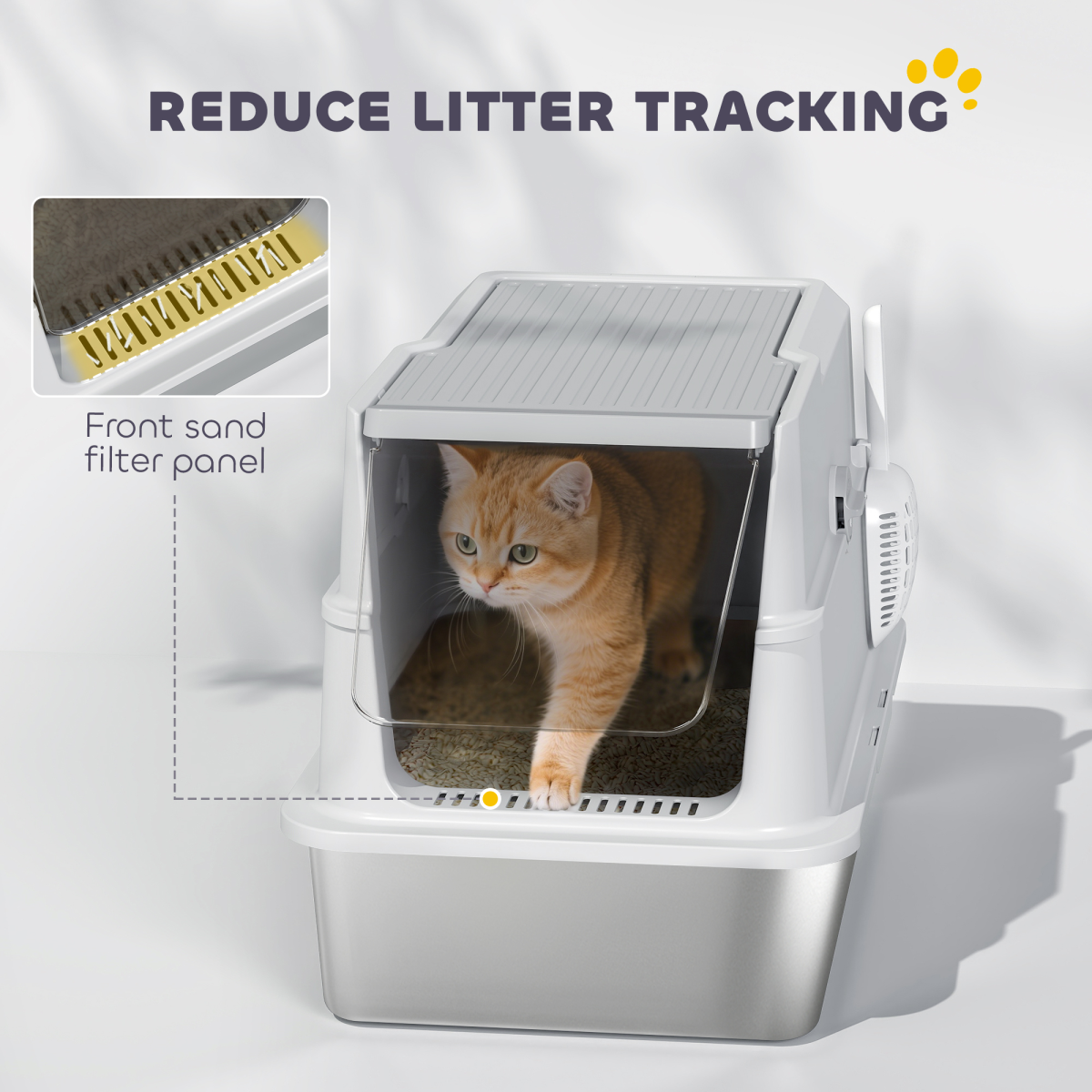 PawHut Extra Large Enclosed Stainless Steel Cat Litter Tray with Scoop and Flip Top Lid – Odour-Resistant Litter Box