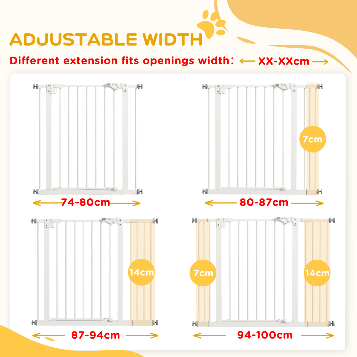 PawHut Adjustable Safety Gate with 2 Extensions and 4 Screws – Pet Gate for Doors and Stairs, White