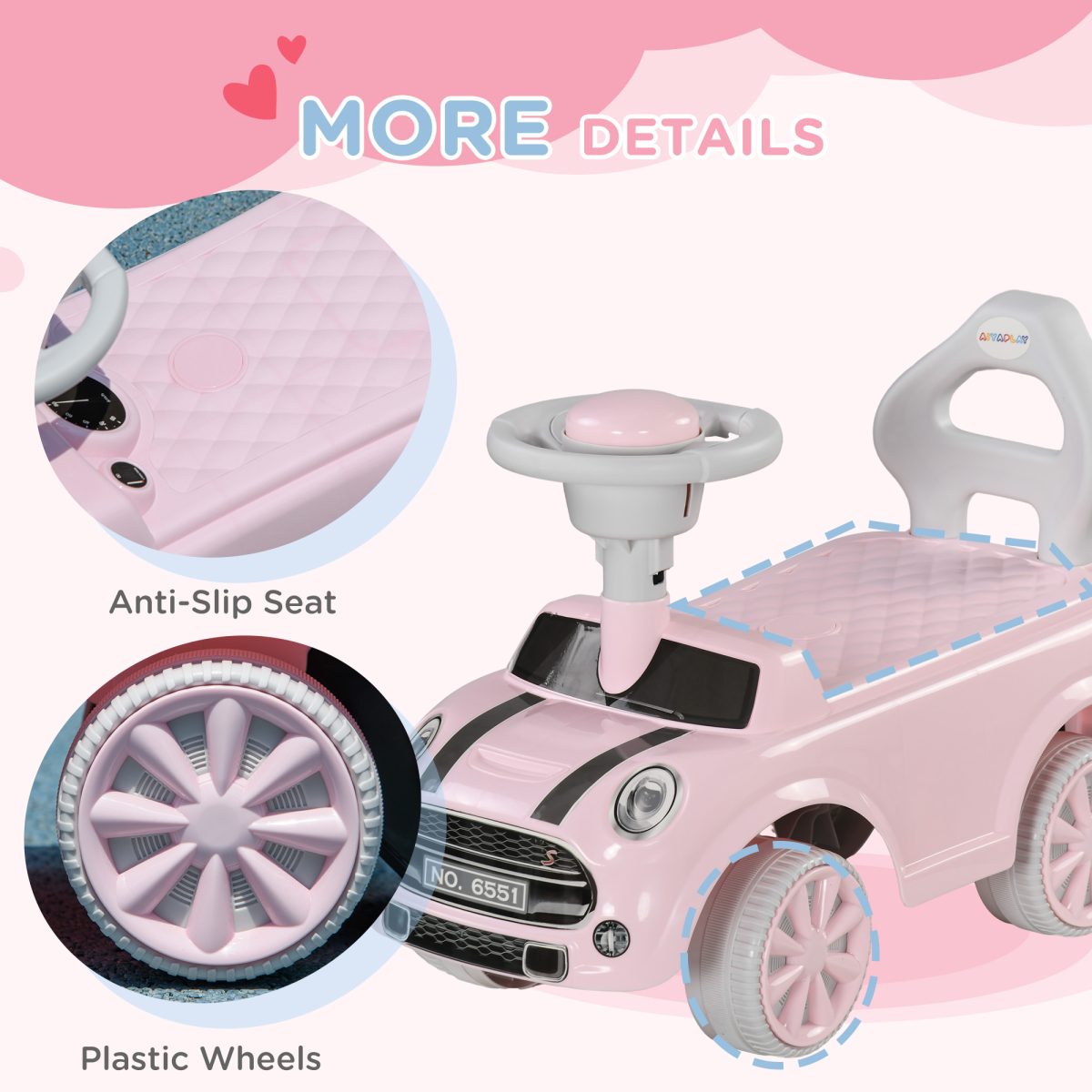 AIYAPLAY Foot-to-Floor Ride-On Car with Steering Wheel & Horn – Toddler First Ride-On, Pink