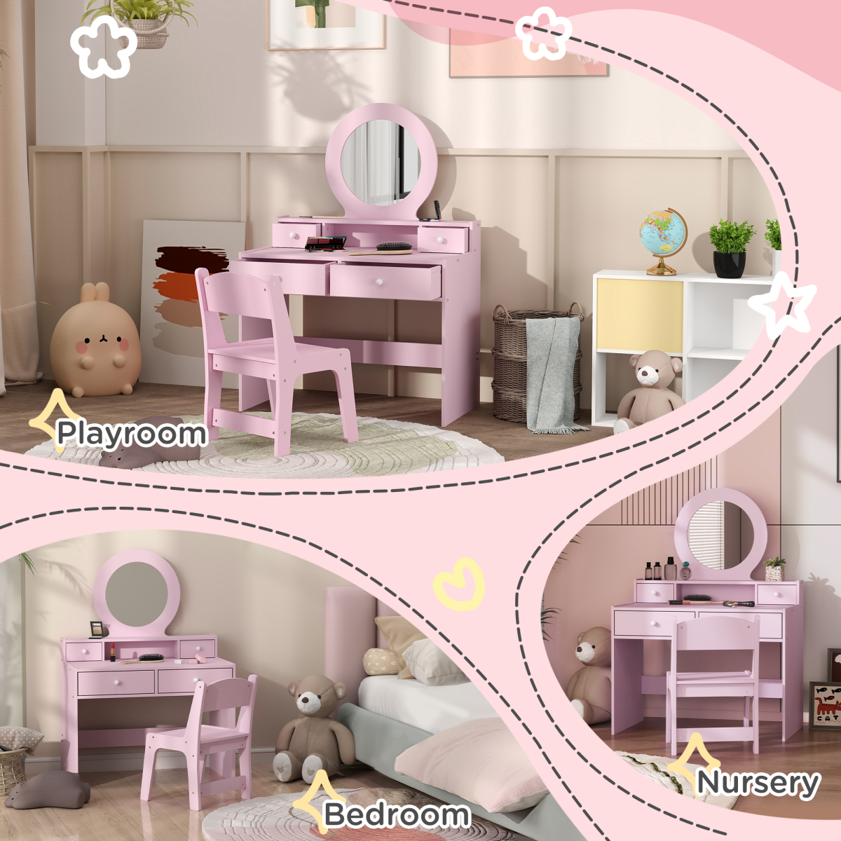 AIYAPLAY Kids Dressing Table Set with Stool, Oval Mirror and Four Drawers – Pink