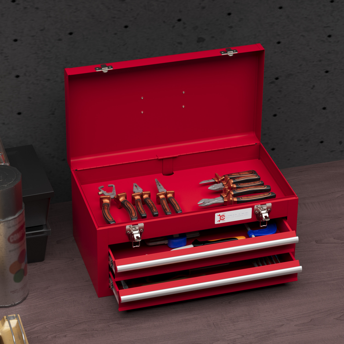 DURHAND Lockable 2 Drawer Steel Tool Chest with Ball Bearing Slides and Top Compartment – DIY Storage, Red
