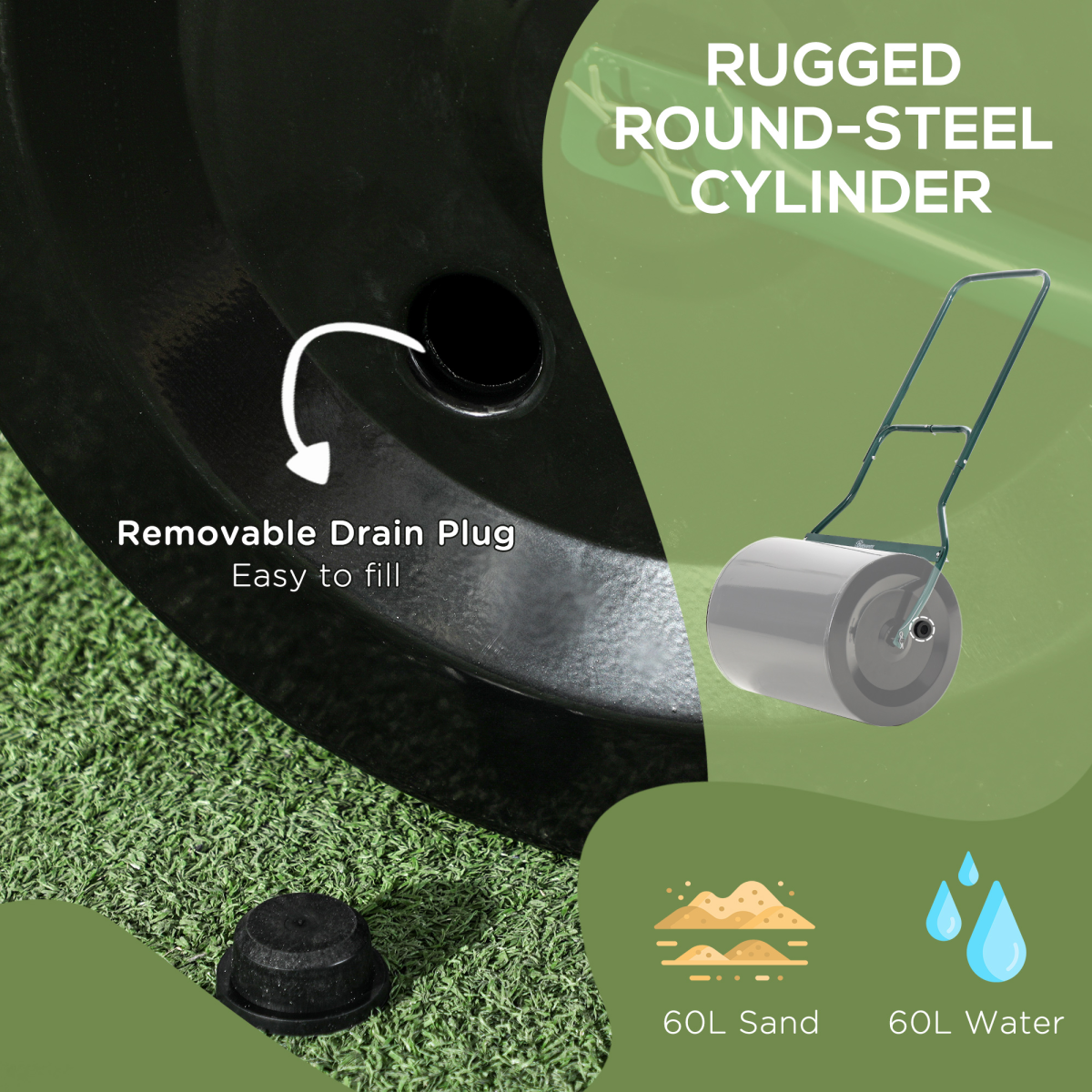 Outsunny 60L Steel Garden Roller – Push or Pull Water or Sand Fillable Lawn Rolling Drum
