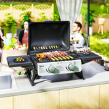 Outsunny Portable Tabletop Gas BBQ Grill with 2 Burners, Lid & Thermometer – Compact Outdoor Barbecue, Black