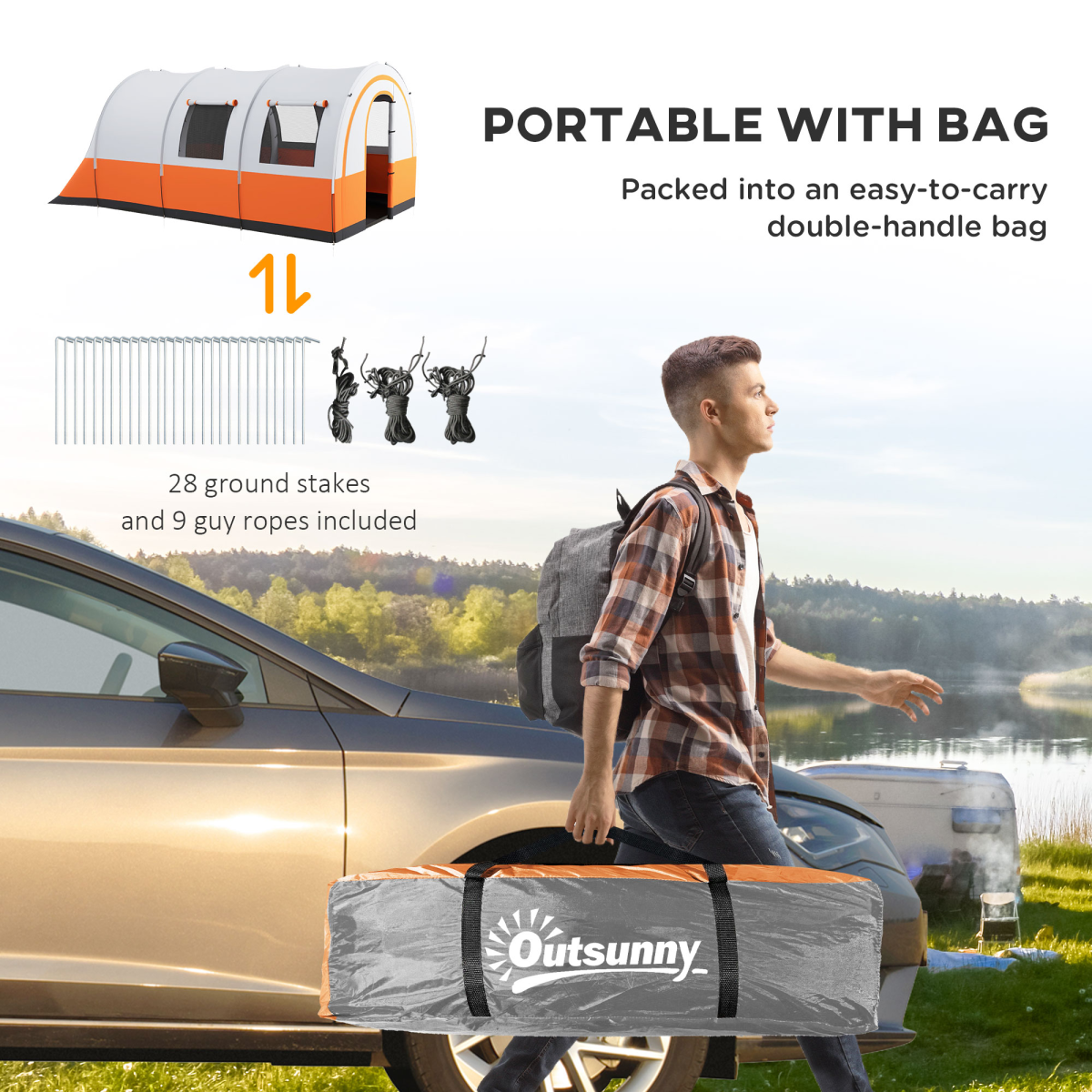 Outsunny 5-6 Man Family Camping Tent with Living & Sleeping Areas – 3000mm Waterproof, Cream/Orange