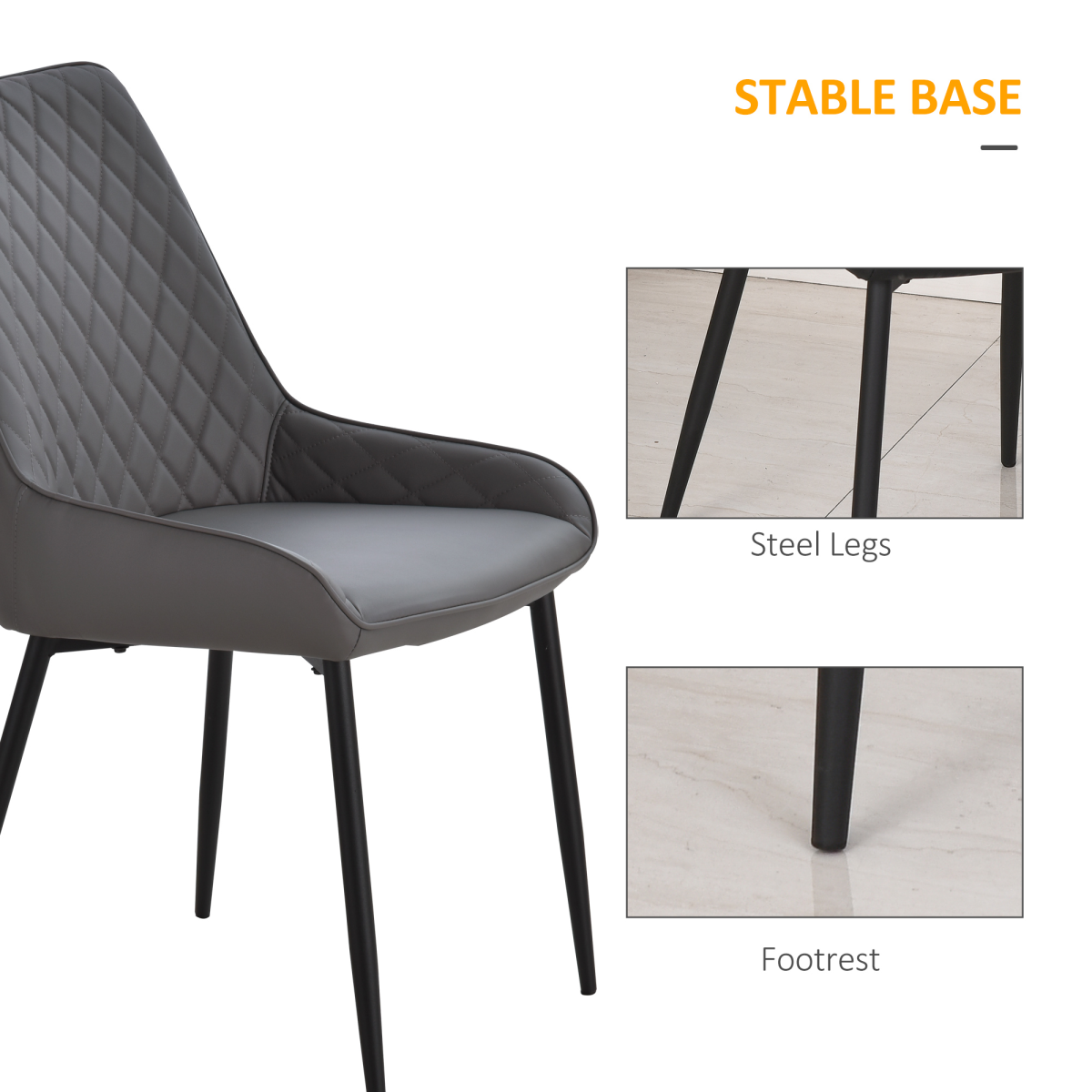 HOMCOM Quilted PU Leather Dining Chairs with Padded Seat & Metal Legs – Set of 2 Kitchen Chairs, Grey