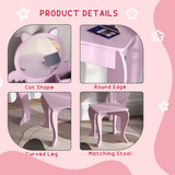 ZONEKIZ Kids Dressing Table with Mirror, Stool, Drawer & Side Storage Boxes – Cat Design Vanity Set, Pink
