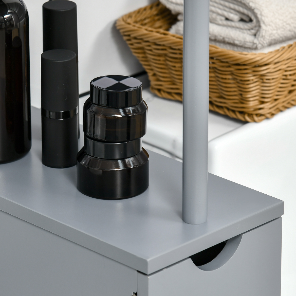 HOMCOM Tall Slimline Bathroom Storage Cabinet with Open Shelves, Cupboard and Drawers – Anti-Tipping Design, Grey
