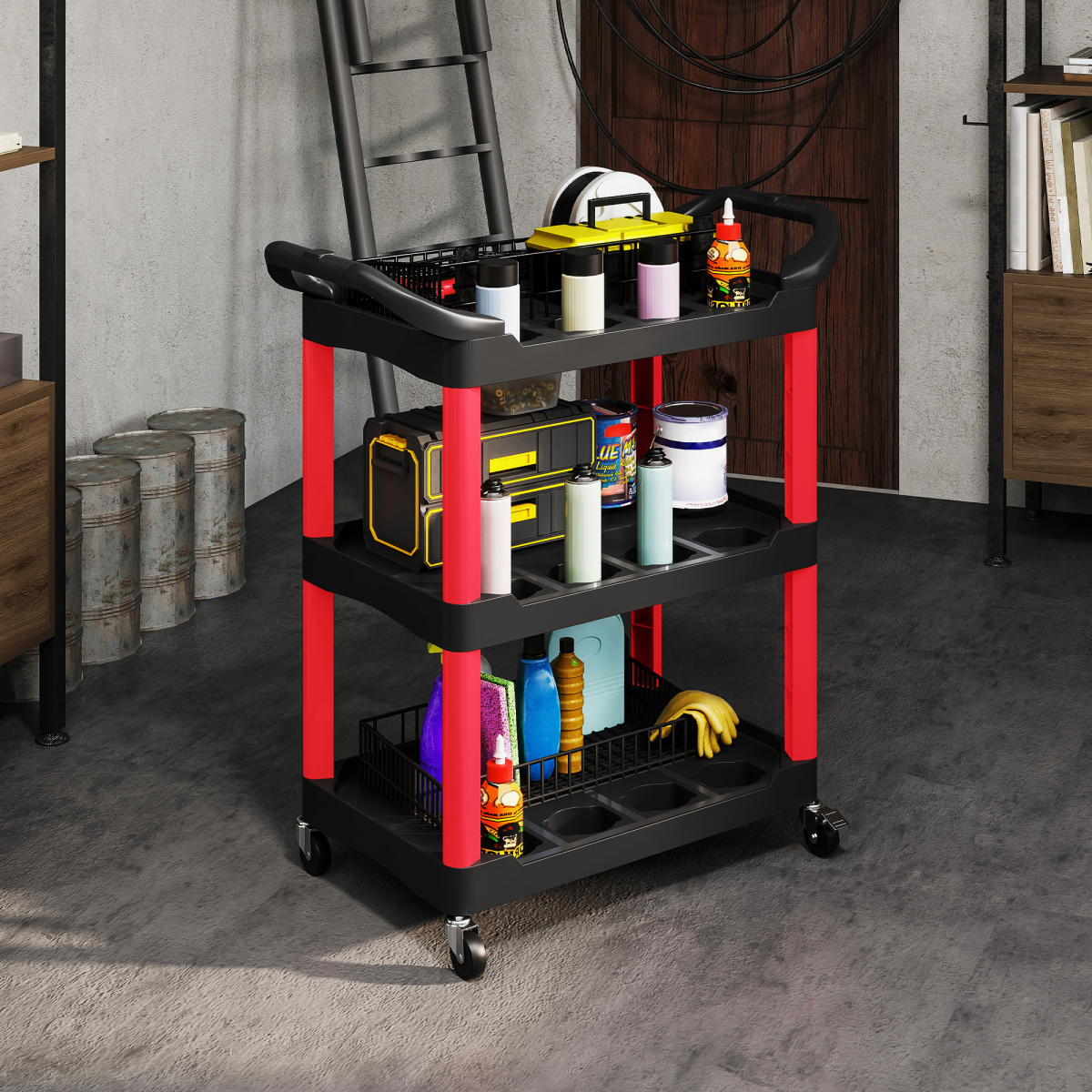 HOMCOM 3-Tier Rolling Tool Cart with Wheels and Side Handles – Garage & Workshop Storage Trolley, Black