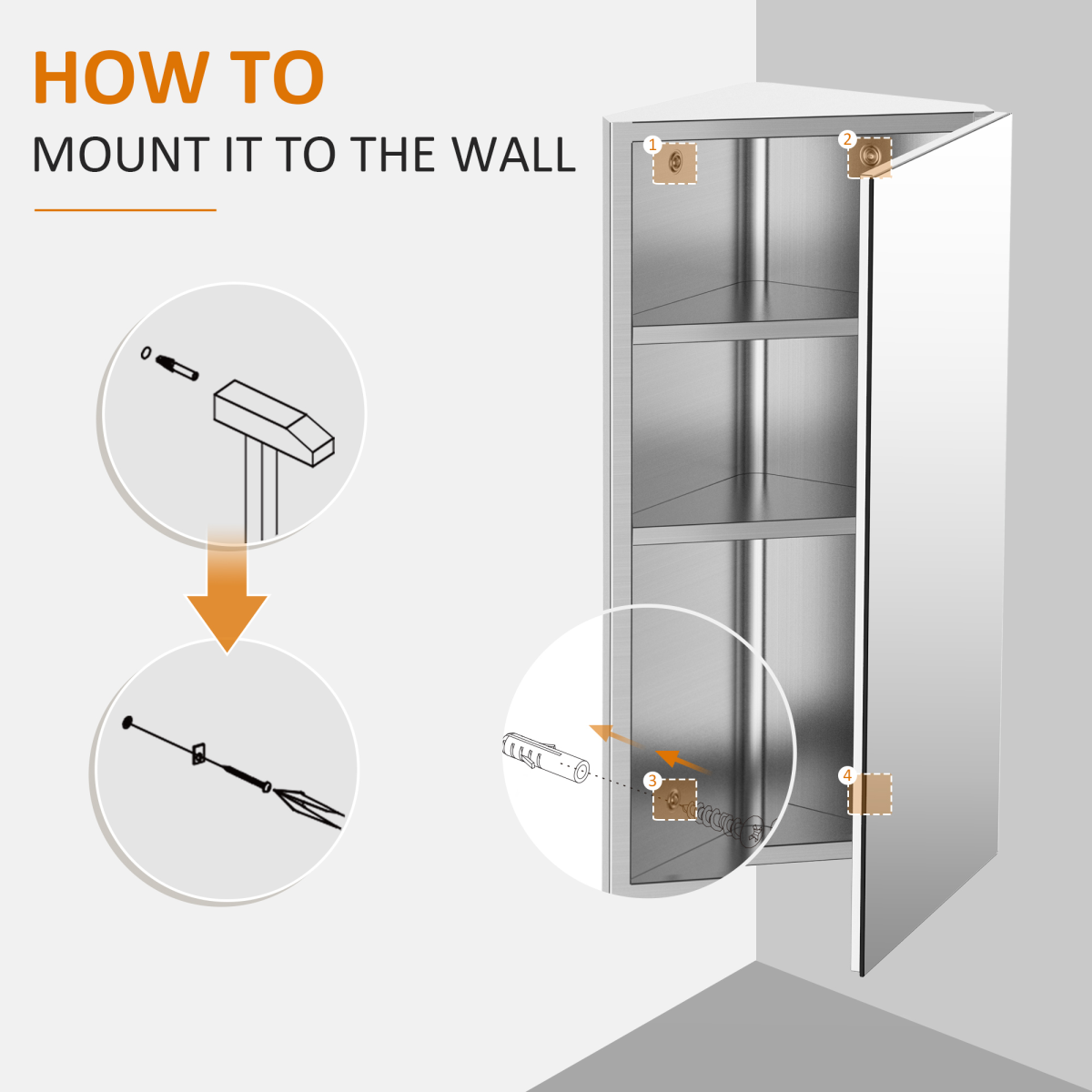 HOMCOM Stainless Steel Floating Corner Cabinet with Mirror & 3 Storage Layers – Wall-Mounted Bathroom Cupboard
