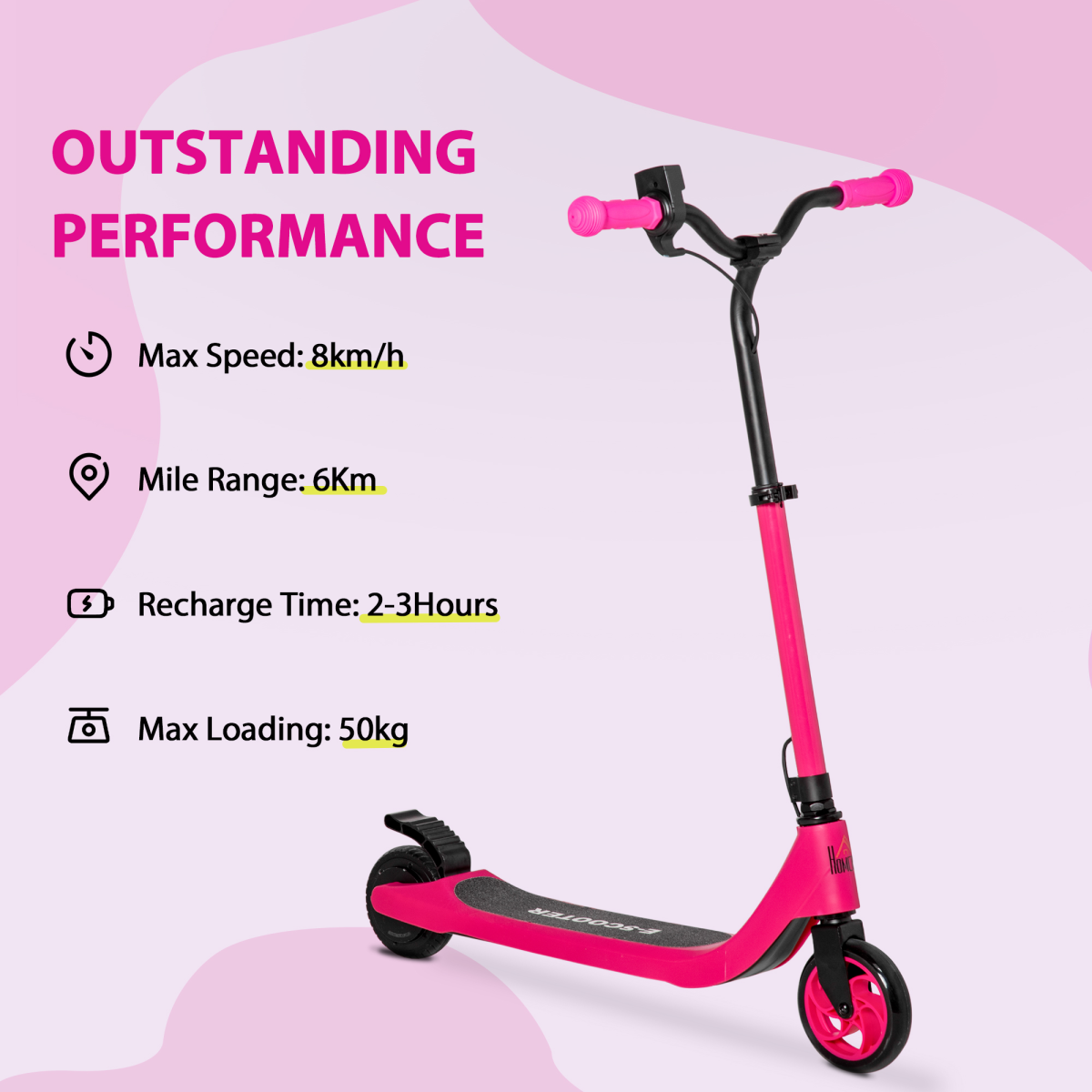 HOMCOM Kids Electric Scooter, 120W with Battery Level Display & Rear Brake – E-Scooter for Ages 6+, Pink