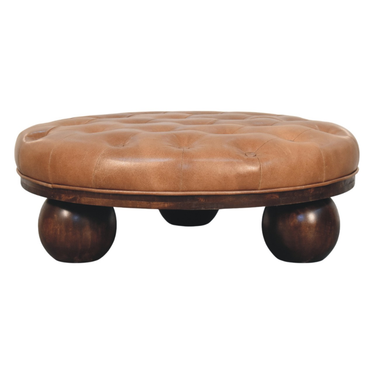 Artisan Furniture Solid Wood Sfera Coffee Table, Brown Leather Tufted Top & Ball Feet – California Walnut
