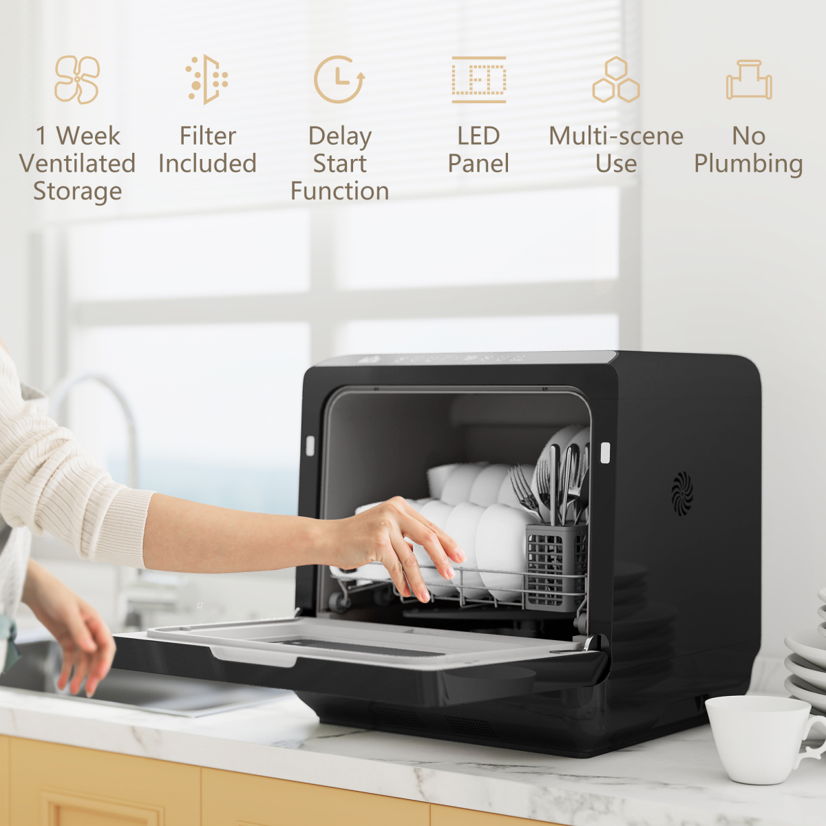 HOMCOM Compact Worktop Dishwasher with 4 Place Settings & 6 Programmes – Countertop Appliance, Black