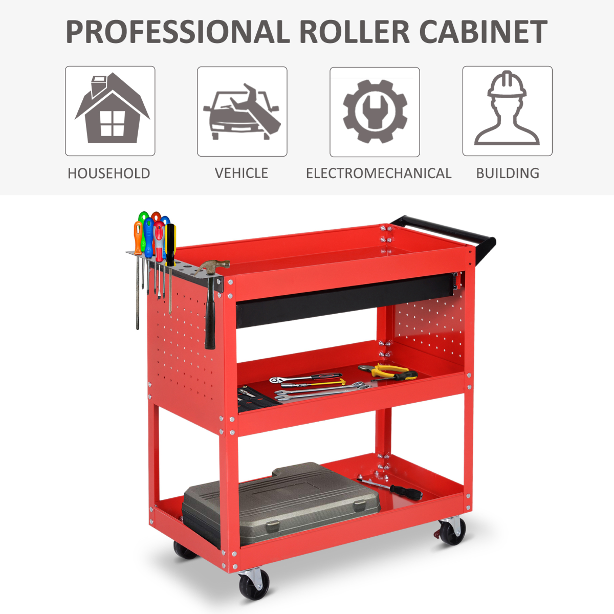 3-Tier Rolling Tool Trolley Cart with Drawer & Lockable Castors – Workshop Storage, Red
