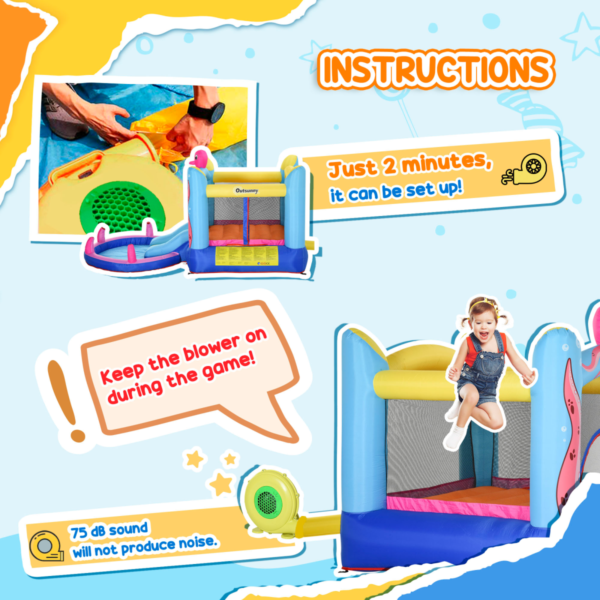 Outsunny Bouncy Castle with Slide, Water Pool, Trampoline & 5 Sprayers – Kids Garden Inflatable with Blower