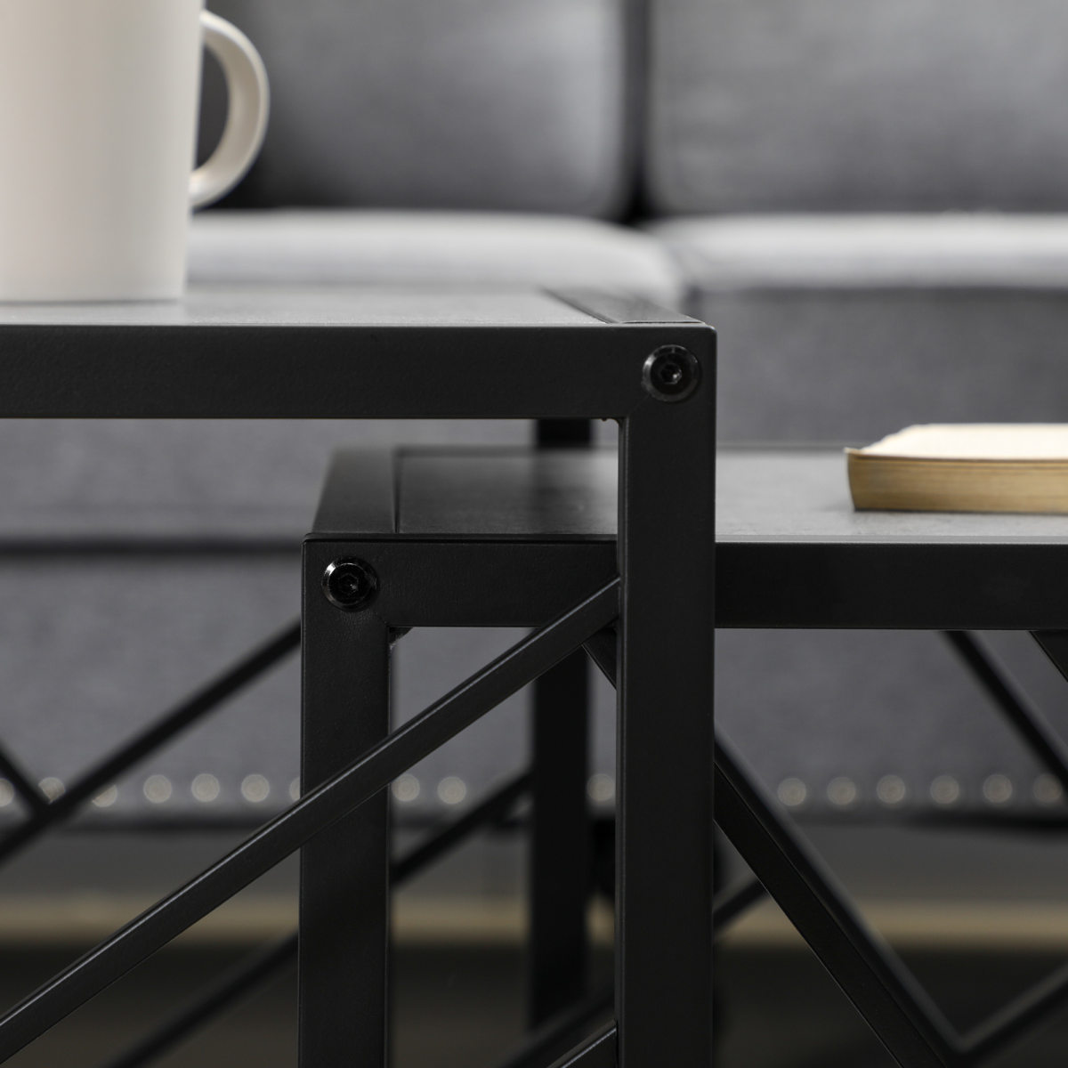 HOMCOM Set of 3 Square Nesting Coffee Tables with Metal Frame – Space-Saving Side Tables, Grey