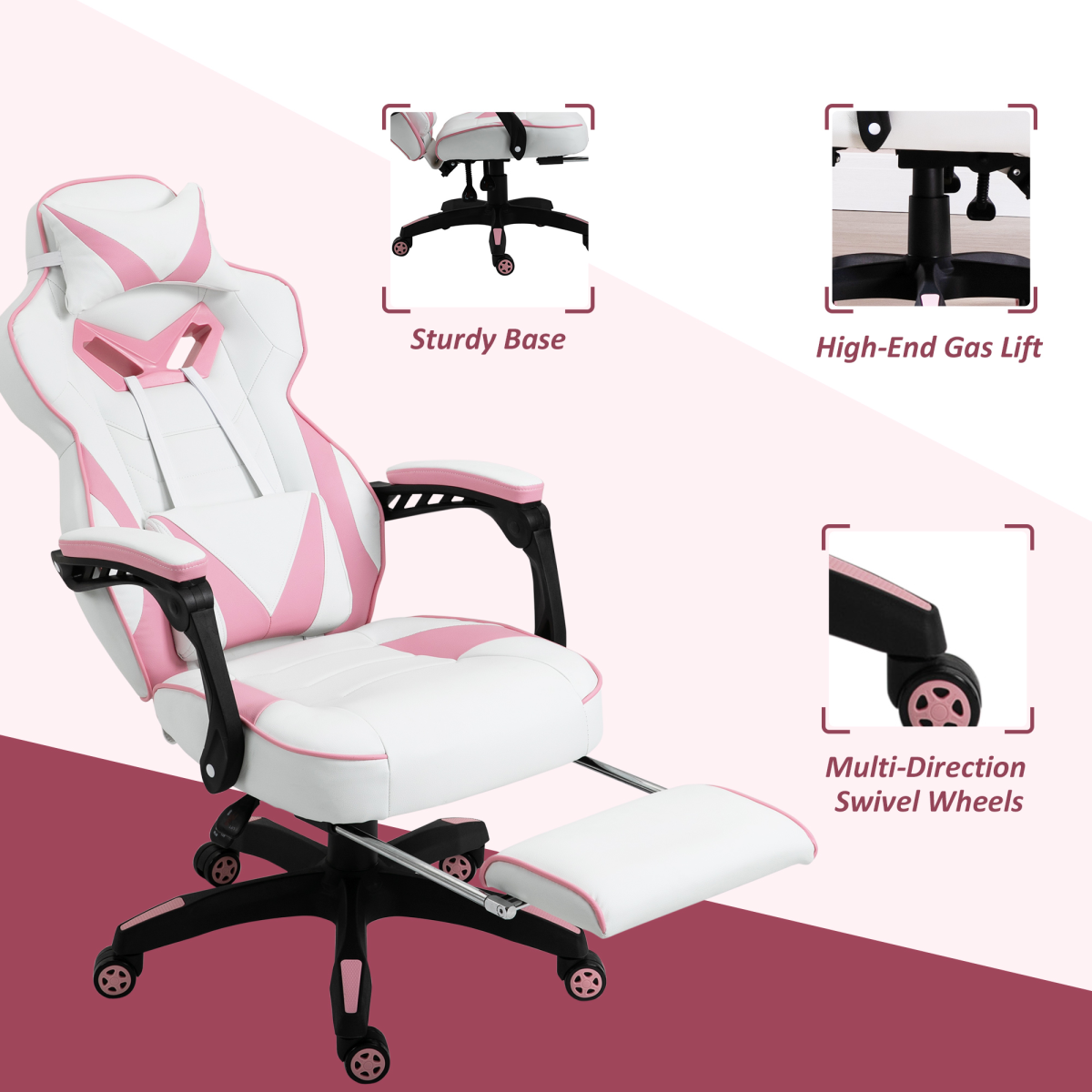Vinsetto Reclining Racing Gaming Chair with Footrest & 170° Recline – Ergonomic Office Chair, Pink
