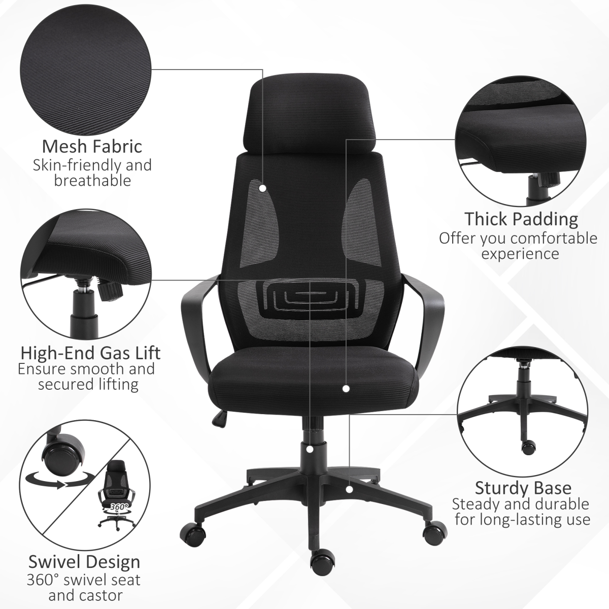 Mesh Back Office Chair with Adjustable Padded Headrest, Wide Seat & 360° Swivel – Home Office Chair, Black