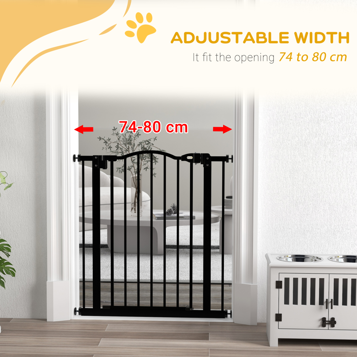 PawHut Adjustable Metal Pet Gate 74-80cm with Auto-Close Door and Double Lock – Safety Barrier, Black