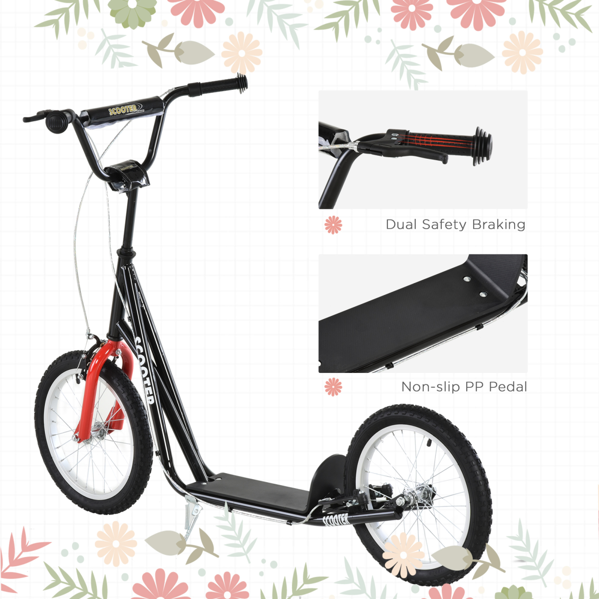 HOMCOM Kids Kick Scooter with Adjustable Handlebar, Dual Brakes & Inflatable Wheels – Ages 5+, Black
