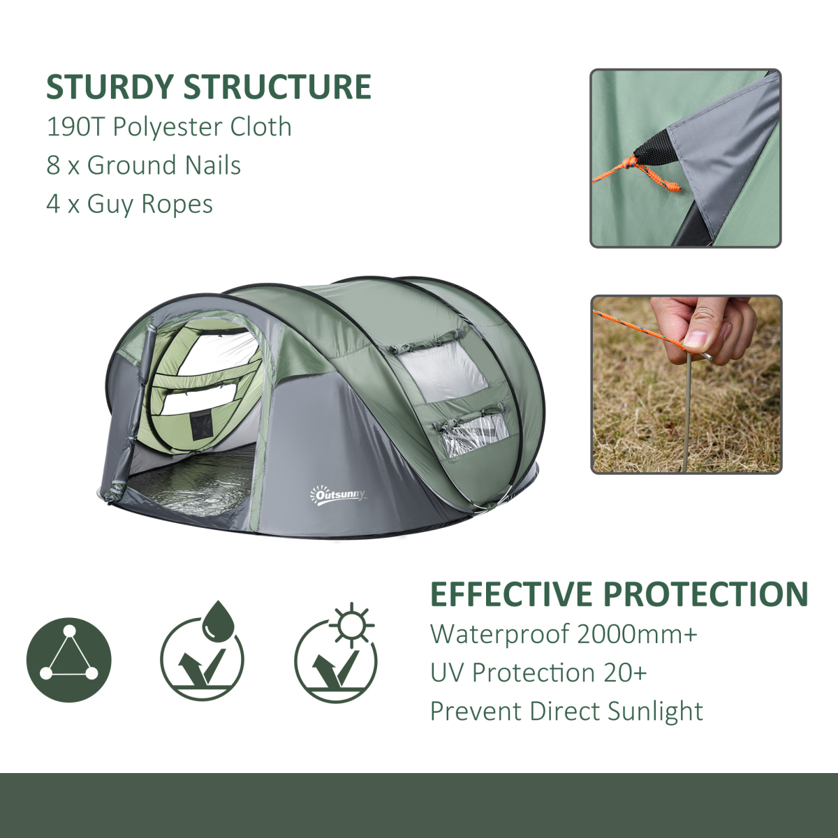 Outsunny 4-5 Person Pop-Up Dome Camping Tent with 4 Windows, 2000mm Waterproof – Instant Family Tent