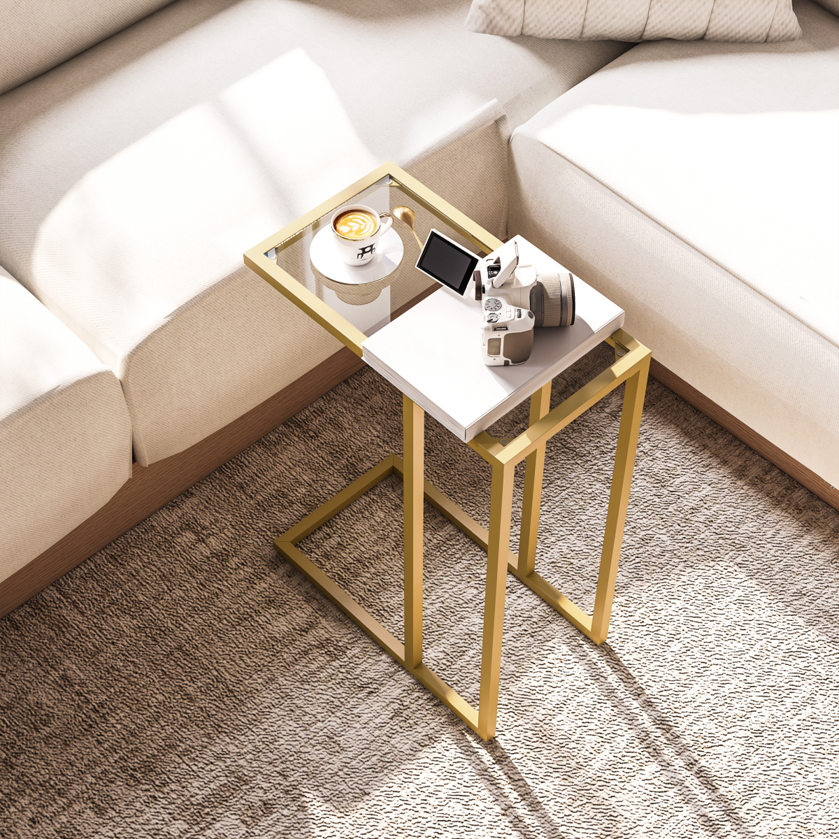 HOMCOM C-Shaped Side Table with Tempered Glass Top – Space-Saving Sofa End Table, Gold