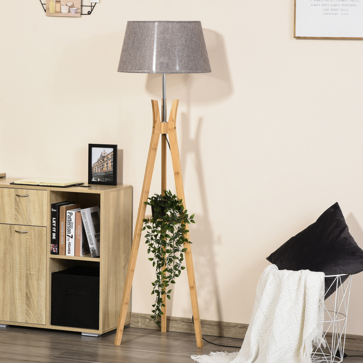 HOMCOM Tripod Floor Lamp with Fabric Shade & Built-In Storage Shelf – Living Room Standing Light, Grey