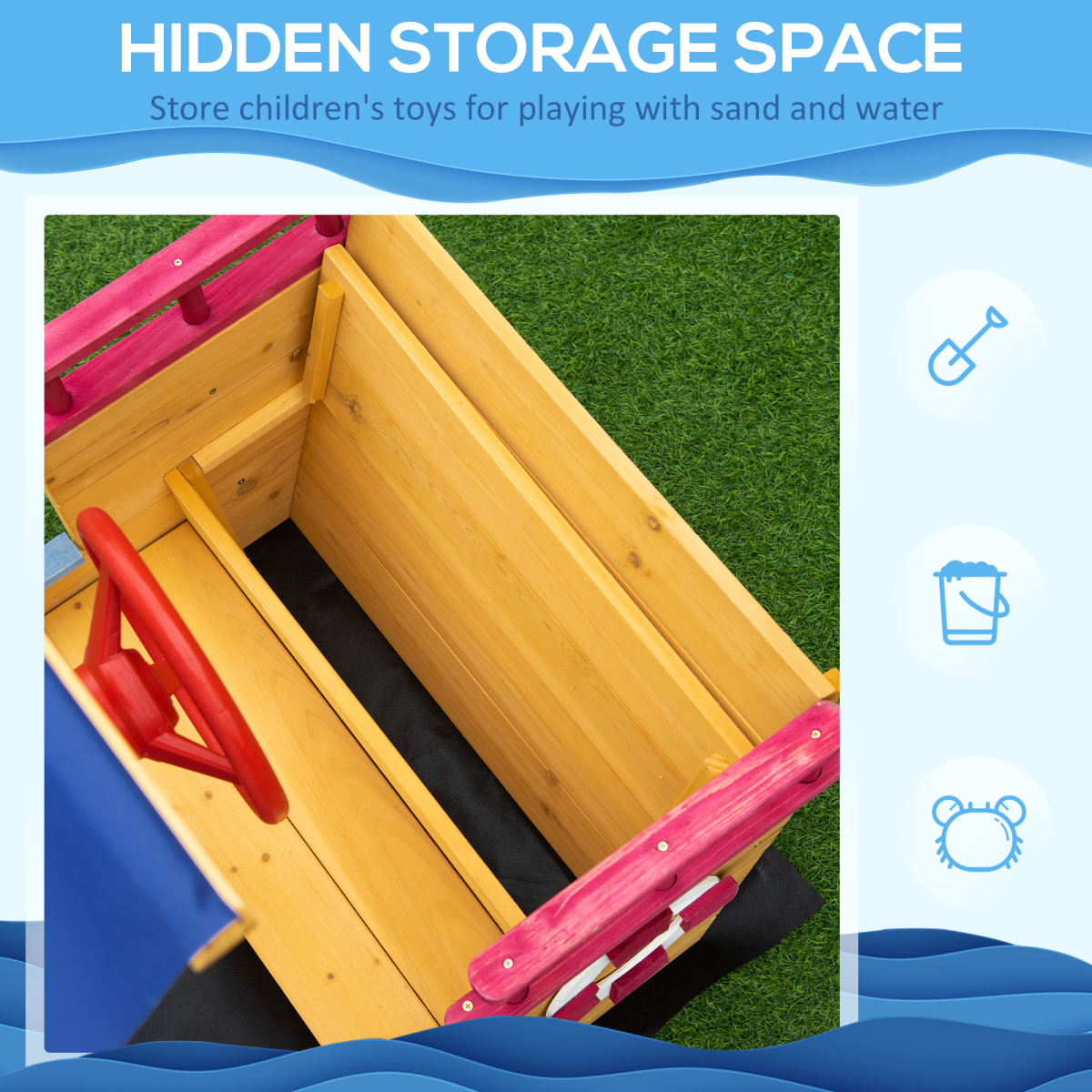 Kids Wooden Pirate Boat Sandpit with Canopy Shade and Storage Bench – Outdoor Sandbox