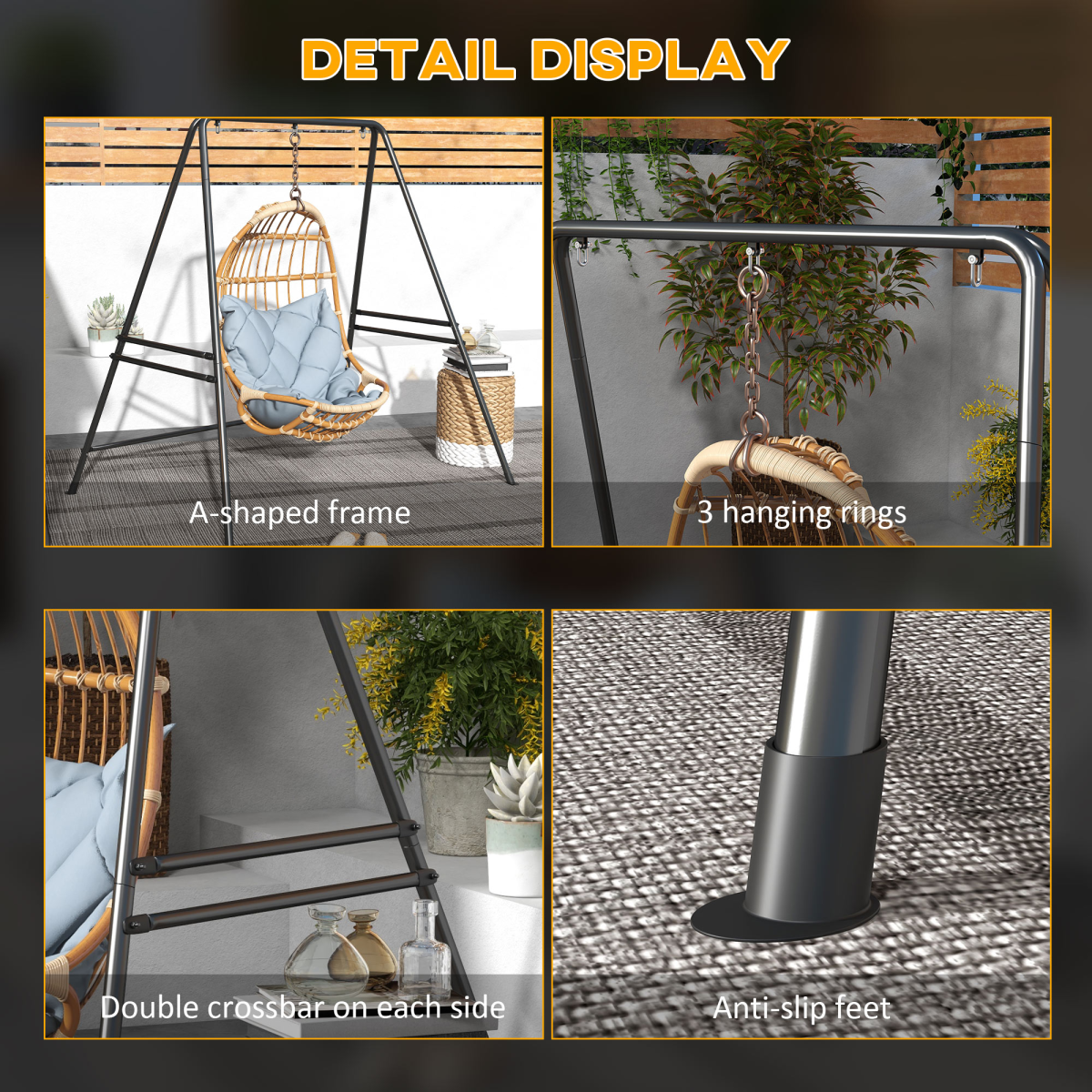 Outsunny Hammock Chair Stand with Solid Steel Frame – Fits Single & Double Connection Points, Black
