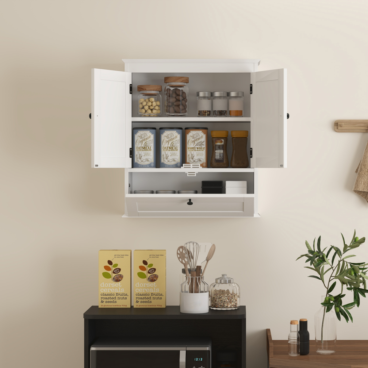 HOMCOM Wall Mounted Bathroom Cabinet with Adjustable Shelf and 3 Compartments – Space-Saving, White