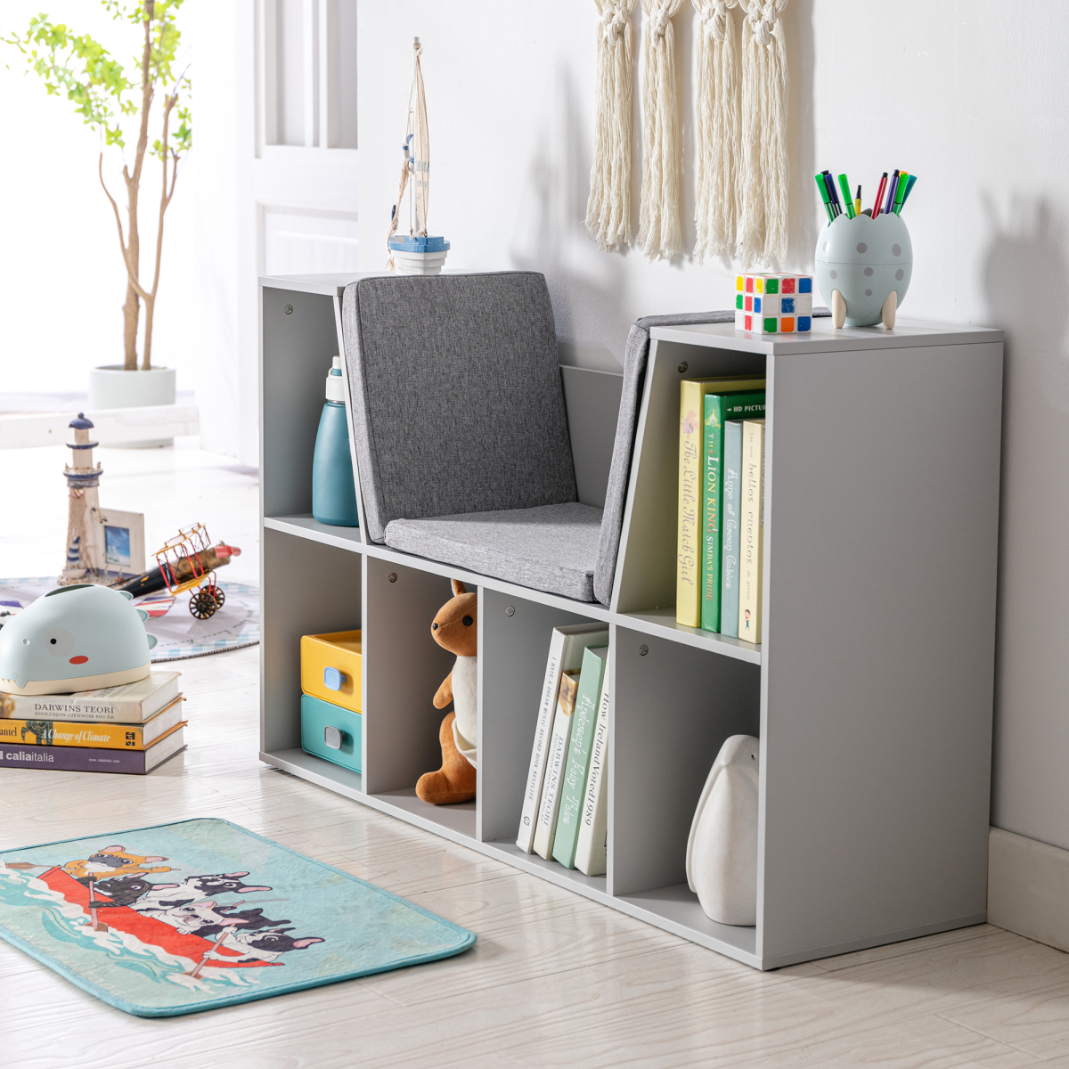 HOMCOM Kids Cabinet with Six Compartments and Cushioned Seat – Toy, Book & Clothes Storage, Grey