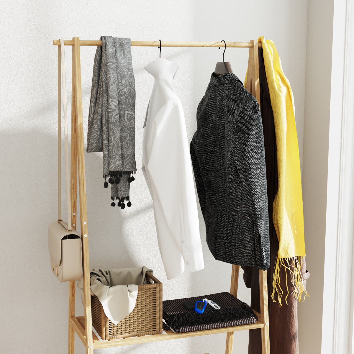 HOMCOM Bamboo Clothes Rail Rack with 2 Storage Shelves and Wheels – Compact Wardrobe, Natural Wood Effect