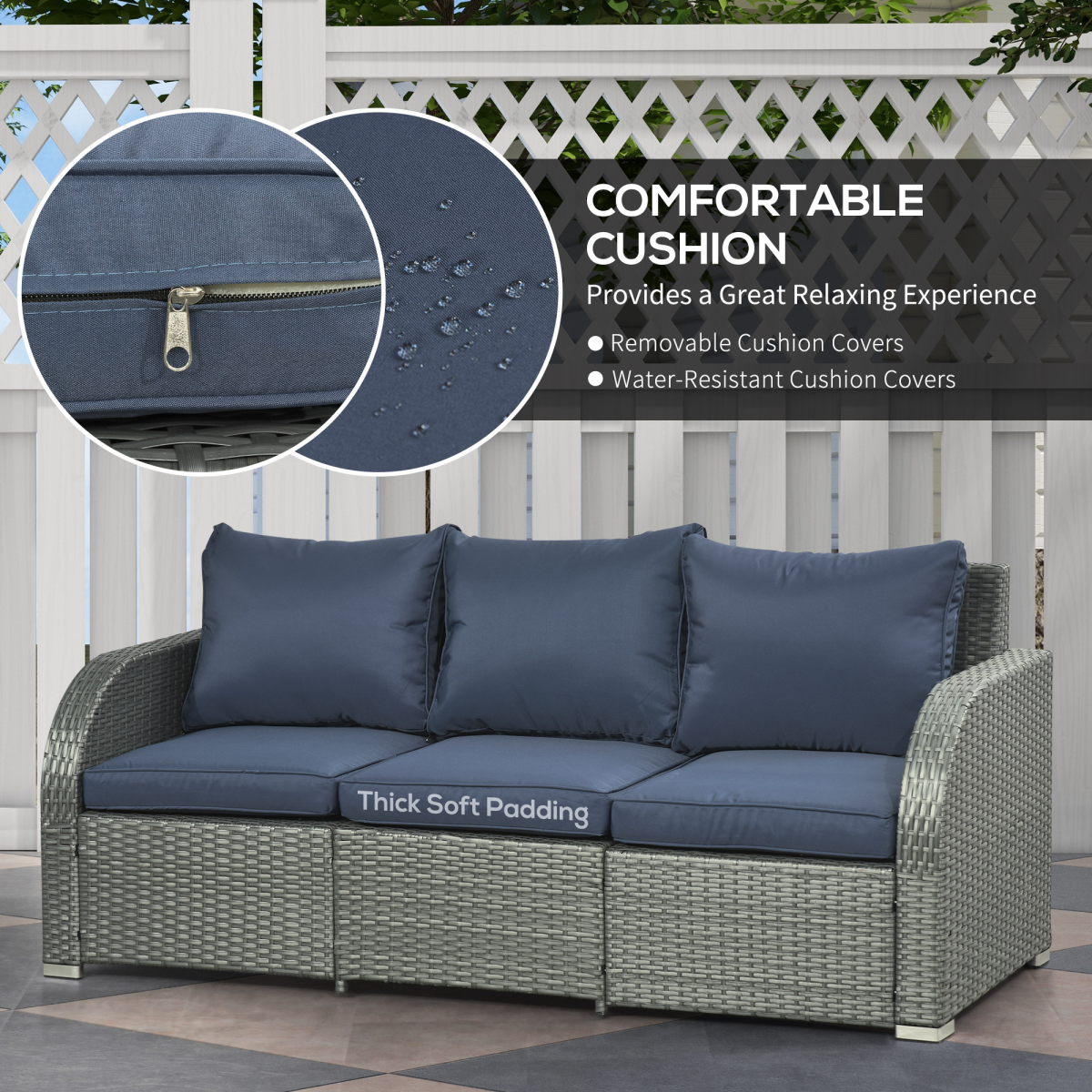 Outsunny 6-Piece Padded Rattan Garden Set with 3-Seater Sofa, 2 Reclining Armchairs, Footstools & Table, Blue