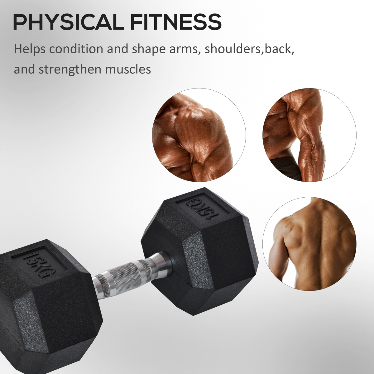 HOMCOM 15kg Single Rubber Hex Dumbbell with Knurled Steel Handle – Home Gym Hand Weight for Strength Training