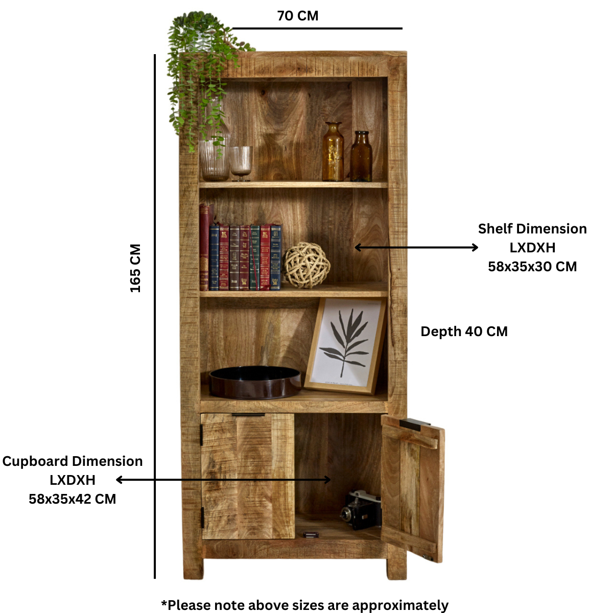 Surrey Solid Mango Wood Bookcase with 2 Doors & 3 Shelves – Living Room & Study Storage