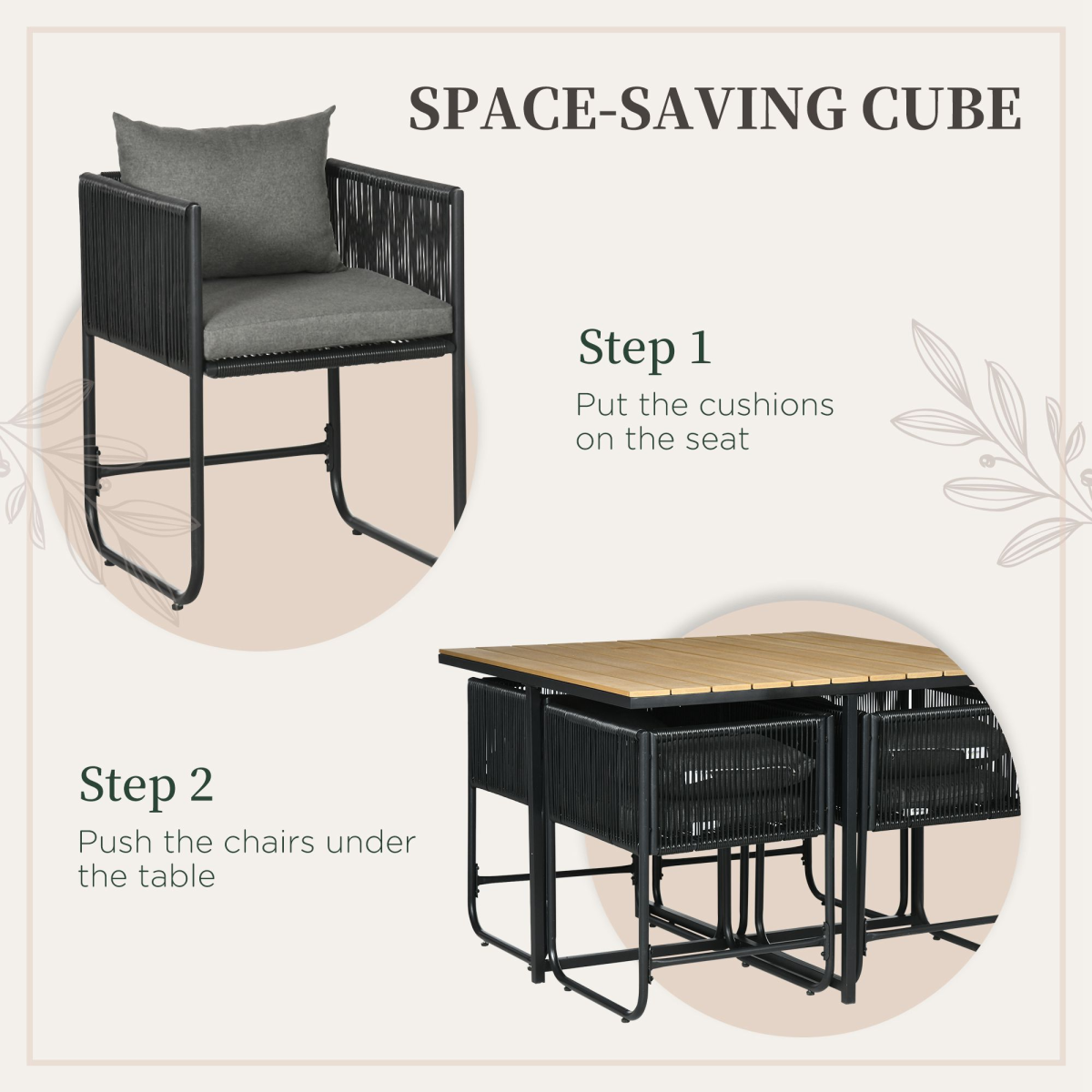 Outsunny 5 Piece Rattan Dining Set with 4 Armchairs & Wood-Effect Table – Space-Saving Cube Garden Furniture