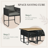 Outsunny 5 Piece Rattan Dining Set with 4 Armchairs & Wood-Effect Table – Space-Saving Cube Garden Furniture