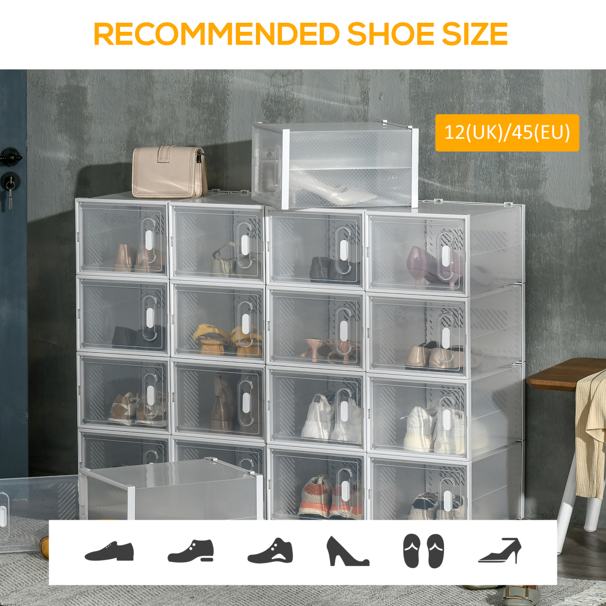 HOMCOM Clear Stackable Shoe Boxes, Set of 18 – Magnetic Doors, Fits up to UK Size 12, 28 x 36 x 21cm